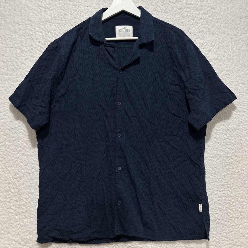 Hollister Button Down Textured Polo Short Sleeve Shirt Mens Size XL Blue Preppy‎